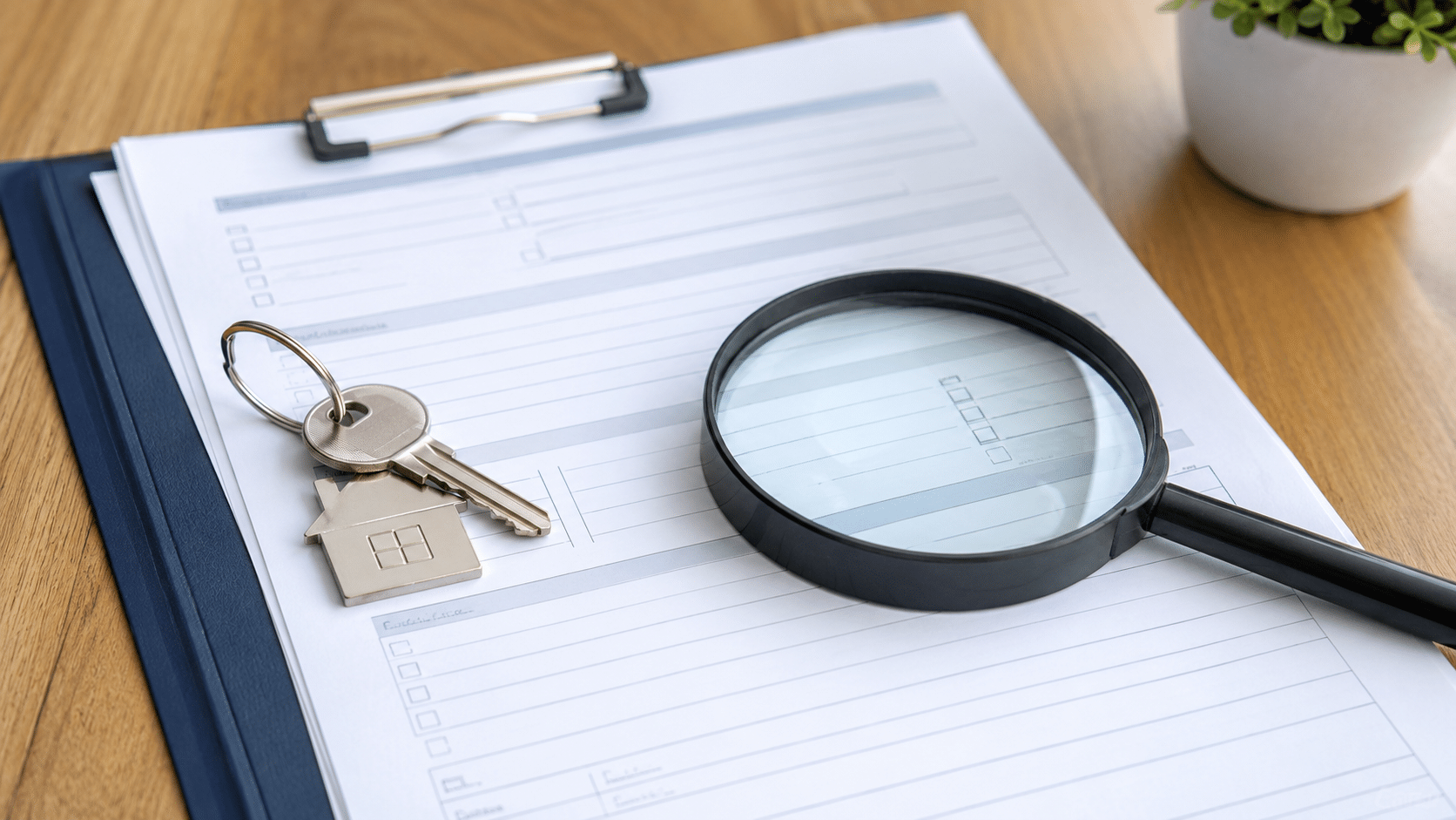 A screening form, house keys, and a magnifying glass