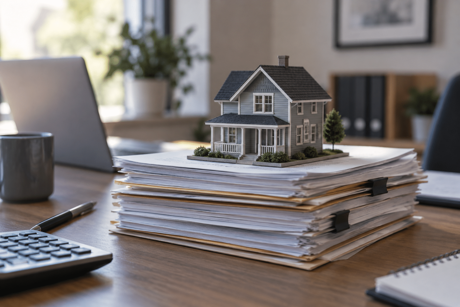 A model house sitting on a stack of documents