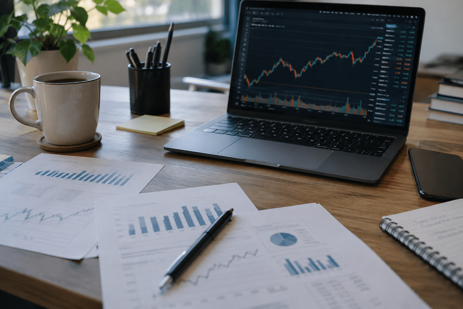 A desk with pages displaying market data and investment data, with a laptop showing a graph